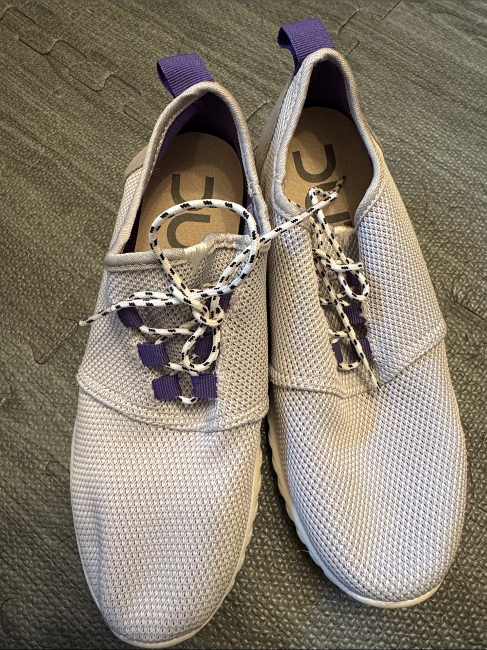 Dude Light Gray Knit Slip-On Sneakers with Purple Accents